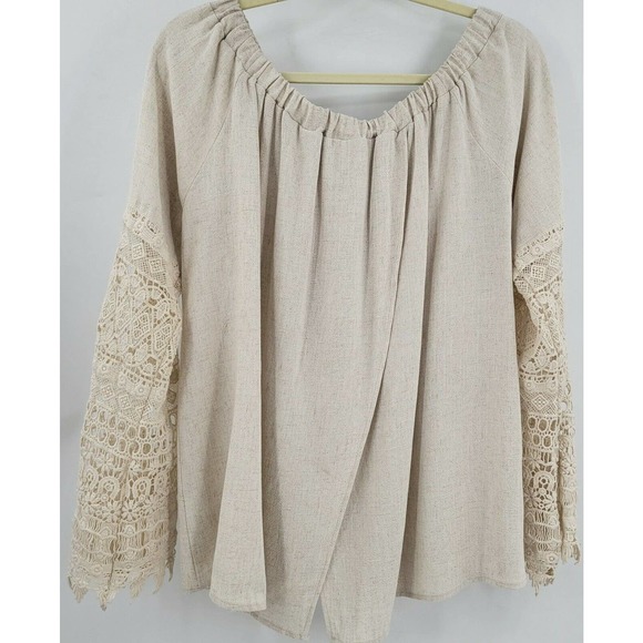 Chrysanthemum Women's M Tan Bell Sleeve Crochet Bell Sleeve Top Slouchy Linen - Picture 4 of 10